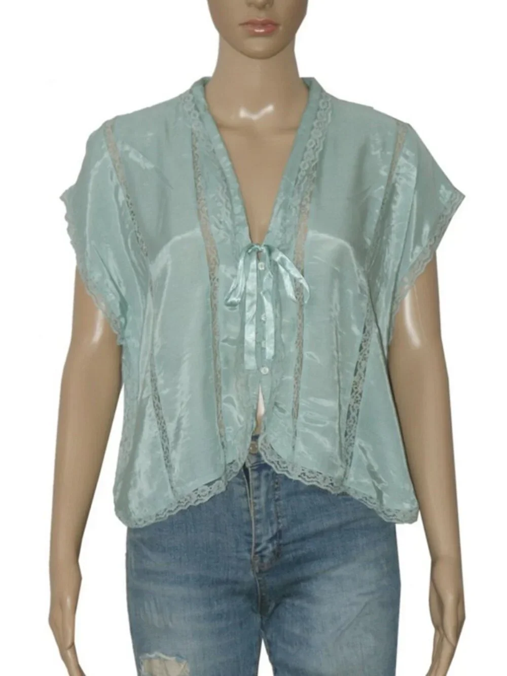 Free People Marigold Shine Lace Top Buttondown Tie V Neck Blue Surf XS